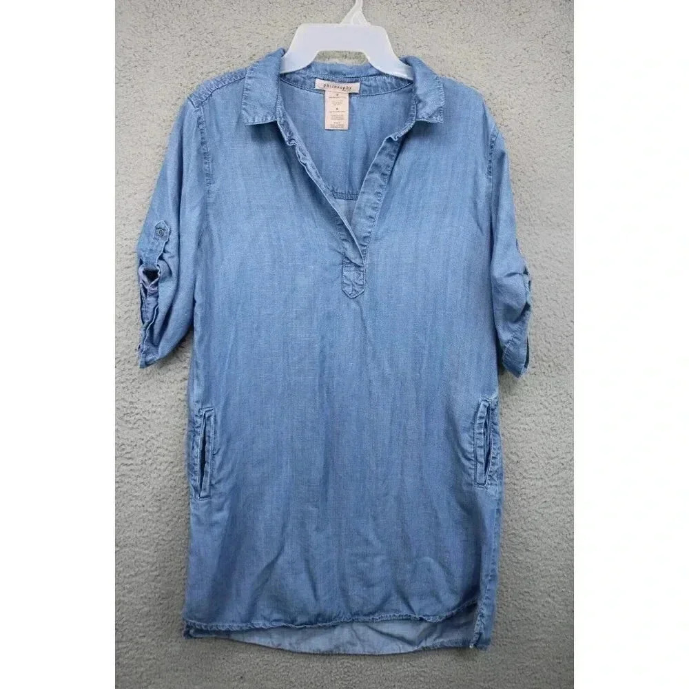 Philosophy-100% Tencel Shirt Dress-Chambray-Medium-Tabbed Sleeves-Pockets